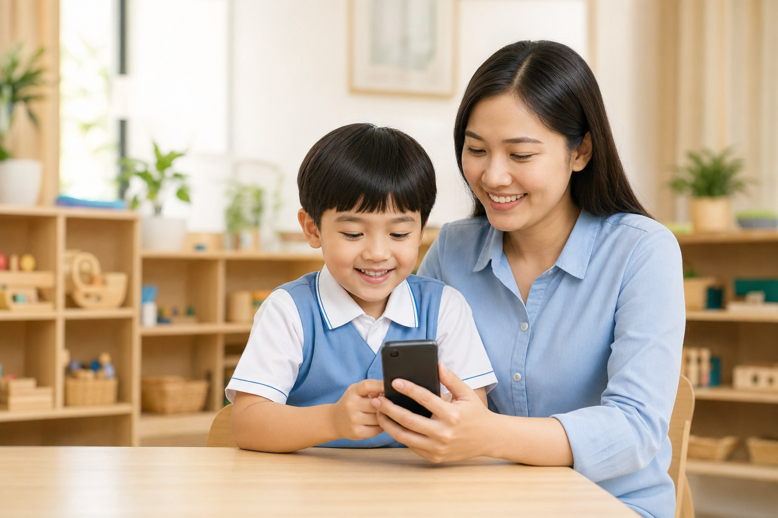 A teacher and preschool child smiling together while looking at a smartphone