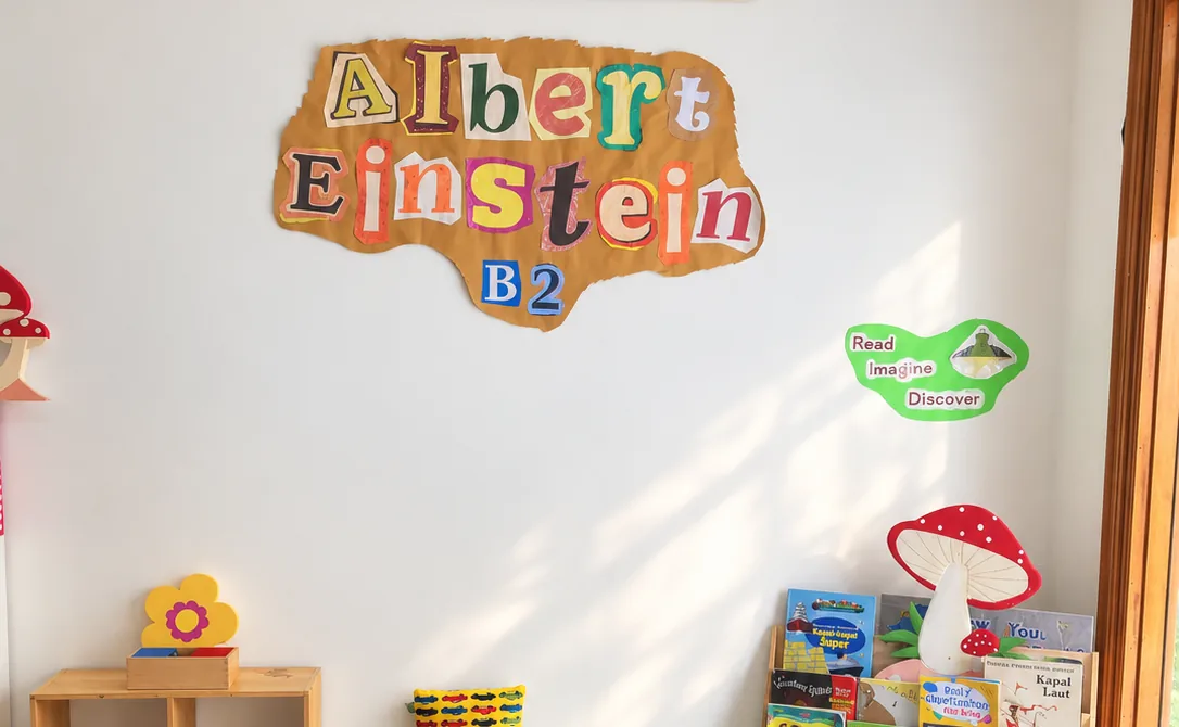 A cozy reading corner with a bookshelf and children's books